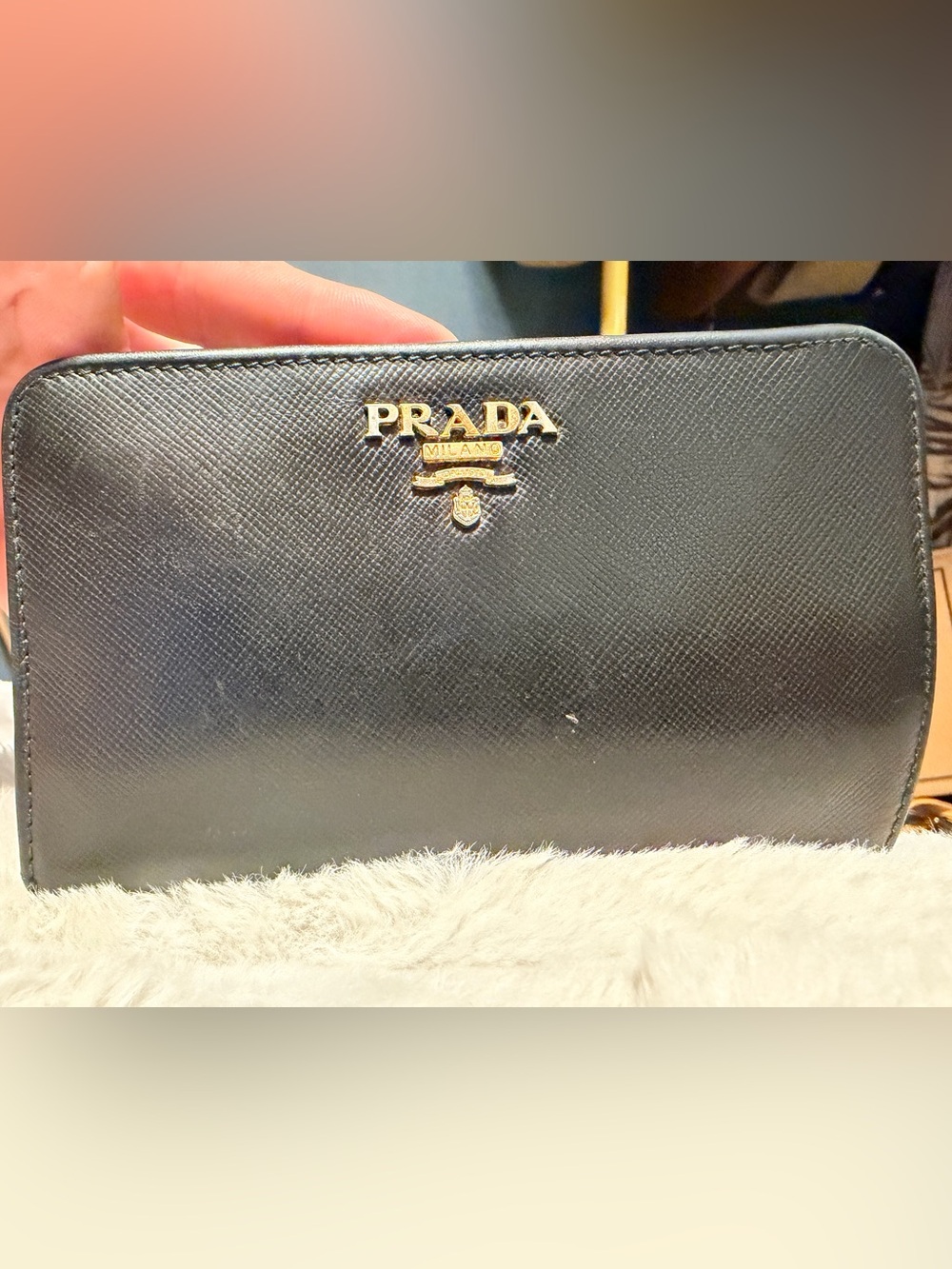 Prada Black Saffiano Leather Wallet with Gold Logo Plaque